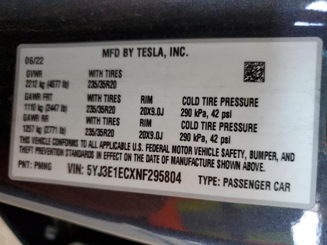 2022 TESLA MODEL 3 5YJ3E1ECXNF295804