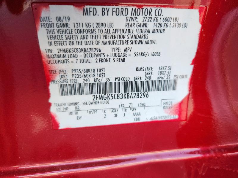 2019 FORD FLEX SEL 2FMGK5C83KBA28296
