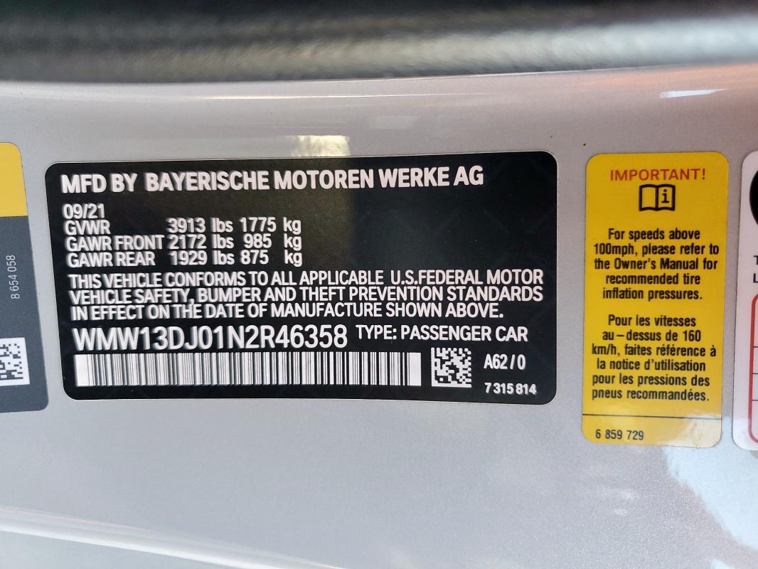 2022 MINI COOPER SE WMW13DJ01N2R46358