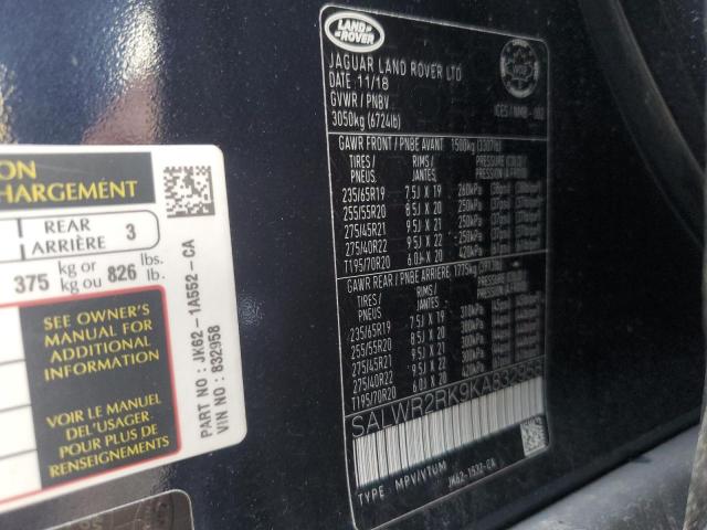 2019 LAND ROVER RANGE ROVE SALWR2RK9KA832958