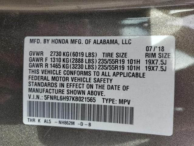 2019 HONDA ODYSSEY EL 5FNRL6H97KB021565