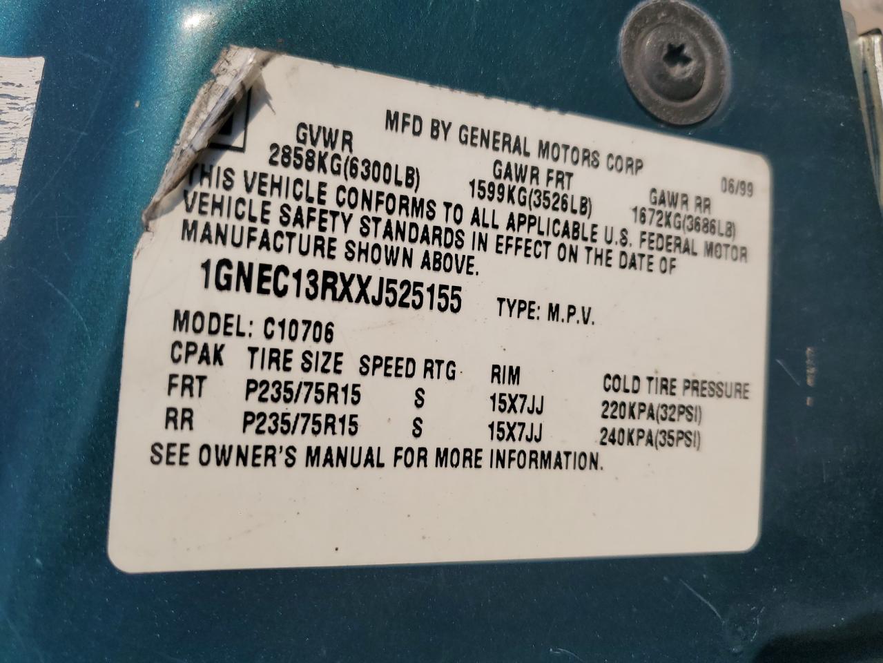 Lot #3296957858 1999 CHEVROLET TAHOE C150