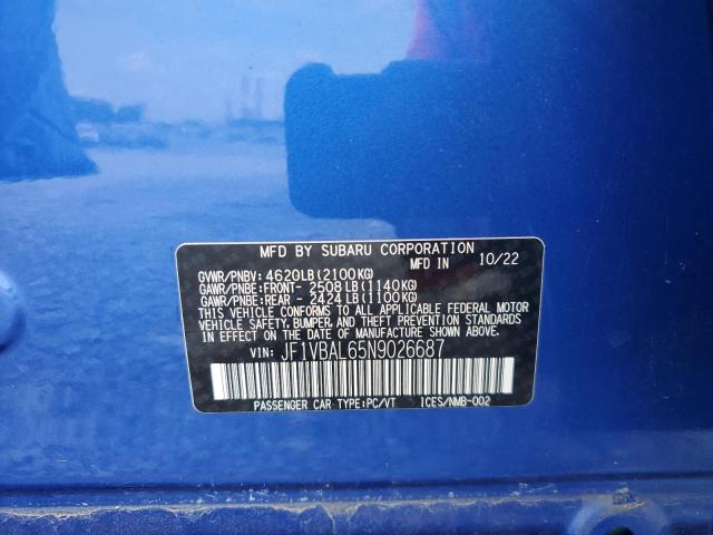 2022 SUBARU WRX LIMITED JF1VBAL65N9026687