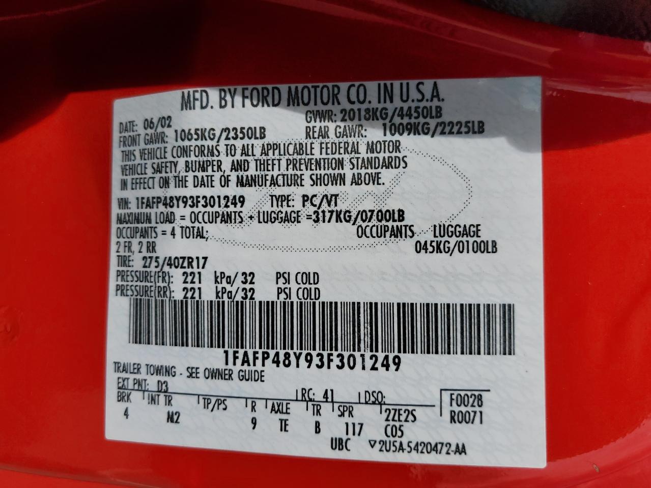 Lot #3264609974 2003 FORD MUSTANG CO