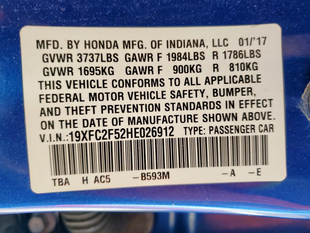 2017 HONDA CIVIC LX - 19XFC2F52HE026912