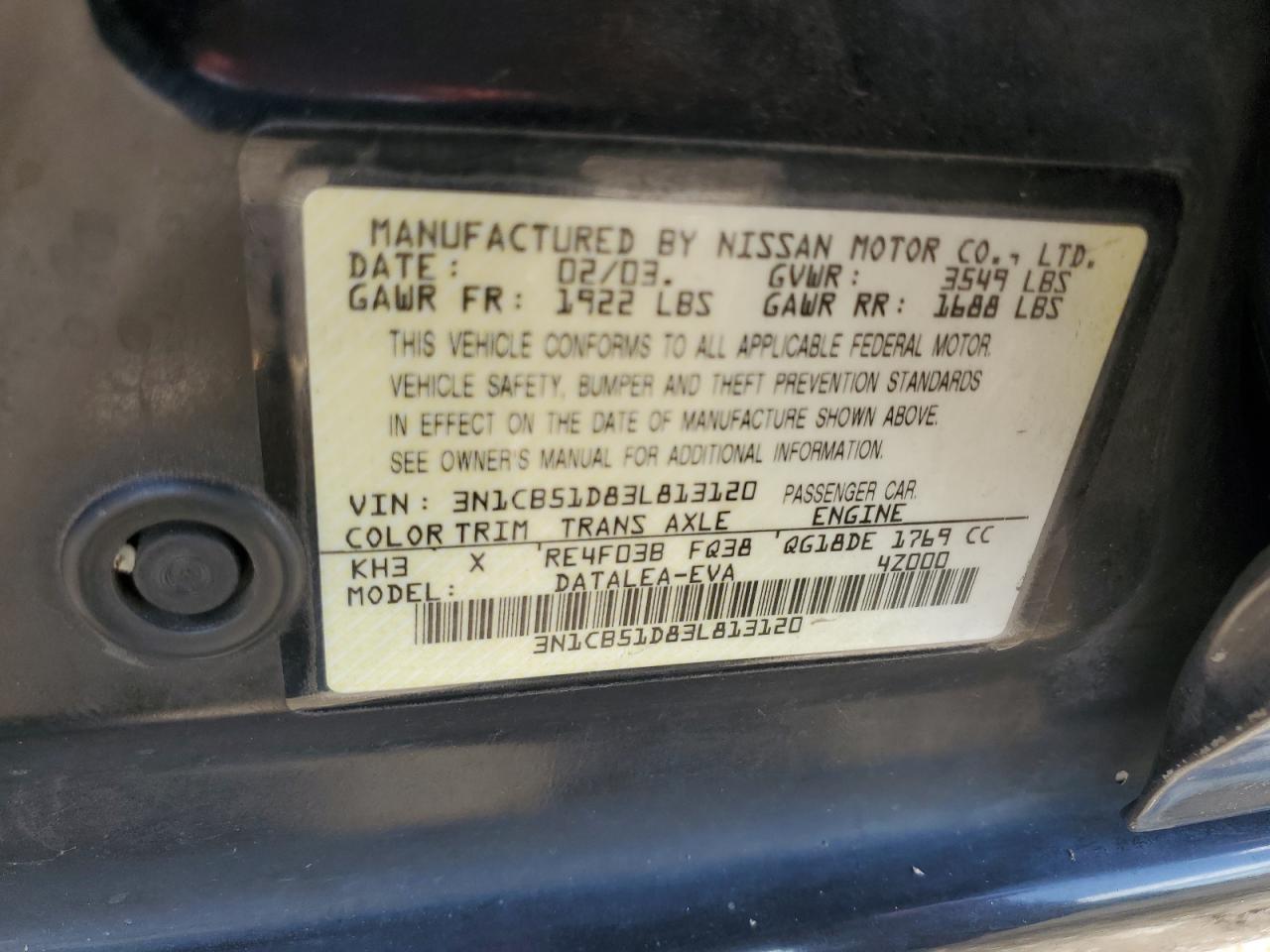 Lot #3303000601 2003 NISSAN SENTRA XE