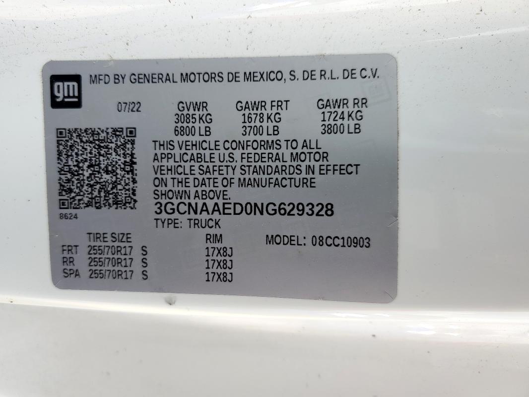 2022 CHEVROLET SILVERADO C1500 - 3GCNAAED0NG629328