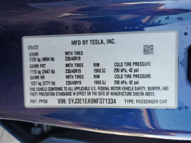 2022 TESLA MODEL 3 5YJ3E1EA9NF371334