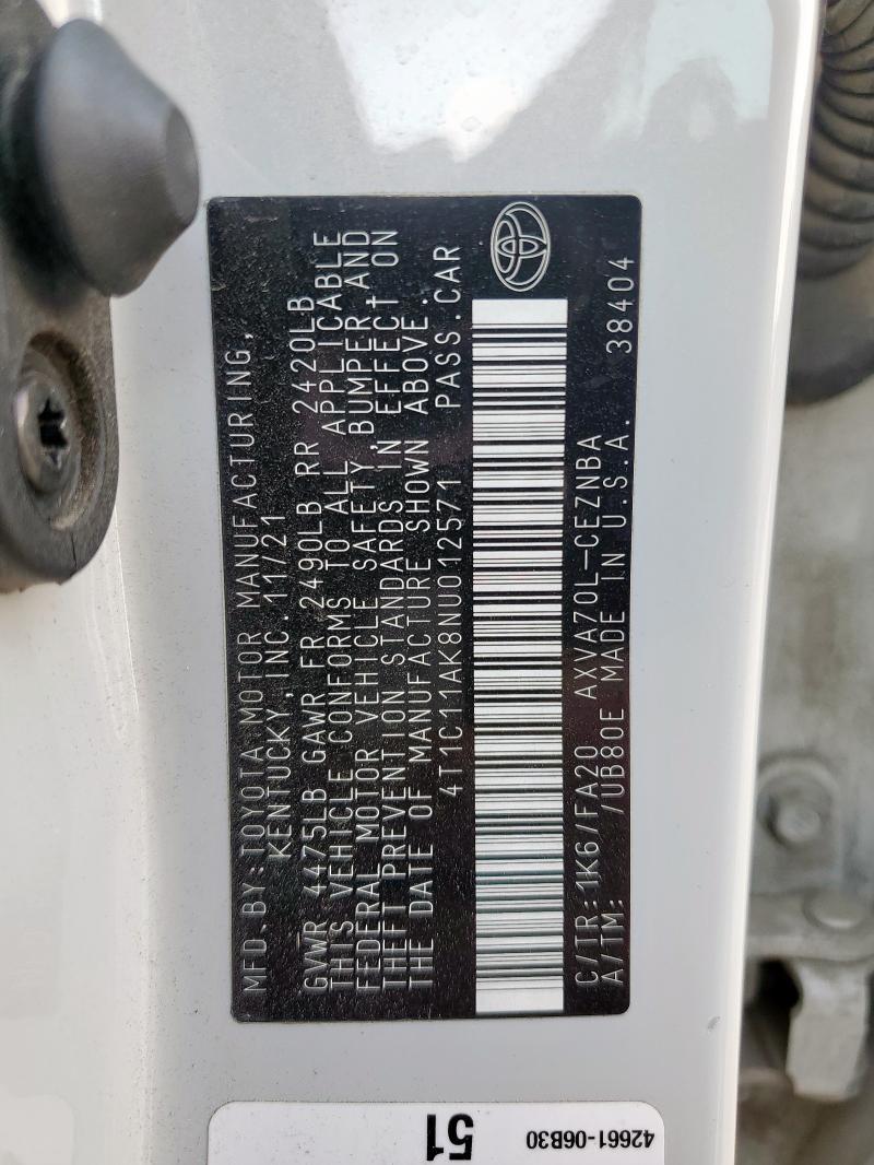 2022 TOYOTA CAMRY LE 4T1C11AK8NU012571