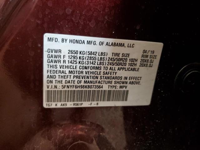 2019 HONDA PILOT TOUR - 5FNYF6H98KB073564