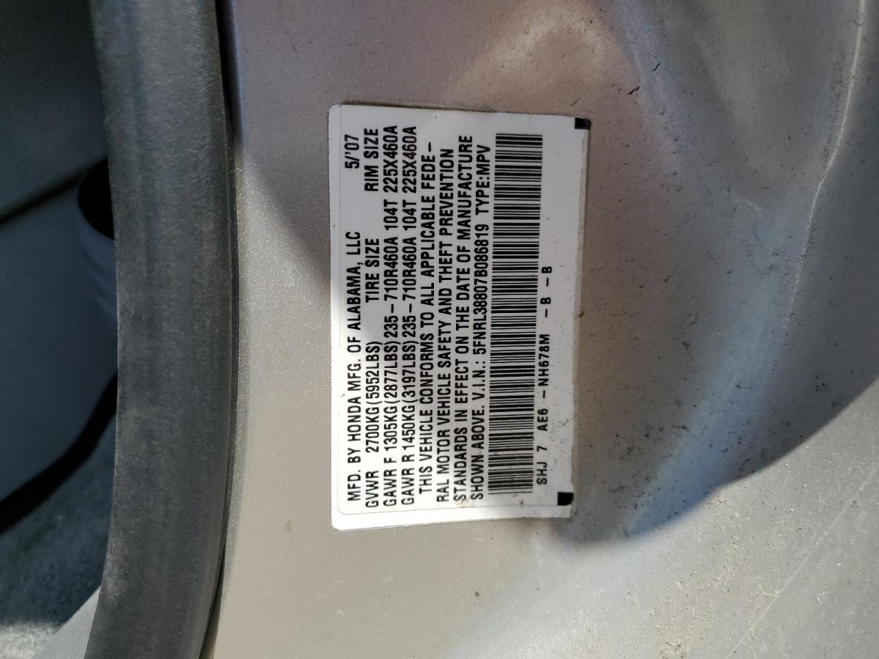 Lot #3284753522 2007 HONDA ODYSSEY TO