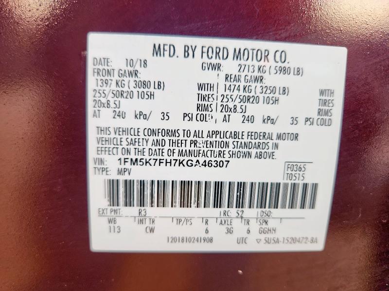 2019 FORD EXPLORER LIMITED 1FM5K7FH7KGA46307