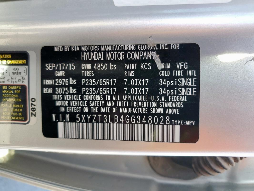 2016 HYUNDAI SANTA FE S 5XYZT3LB4GG348028