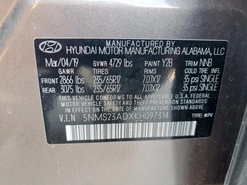 2019 HYUNDAI SANTA FE S 5NMS23ADXKH097314
