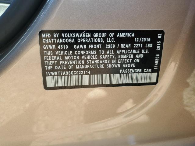 2016 VOLKSWAGEN PASSAT SE 1VWBT7A33GC022114