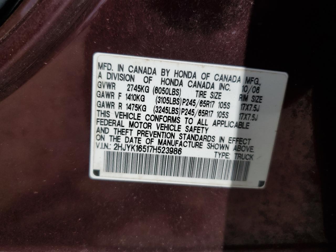 Lot #3302695006 2007 HONDA RIDGELINE RTL