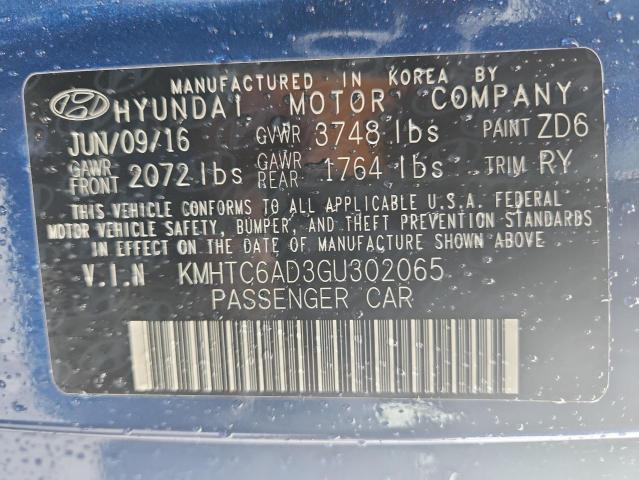 2016 HYUNDAI VELOSTER KMHTC6AD3GU302065