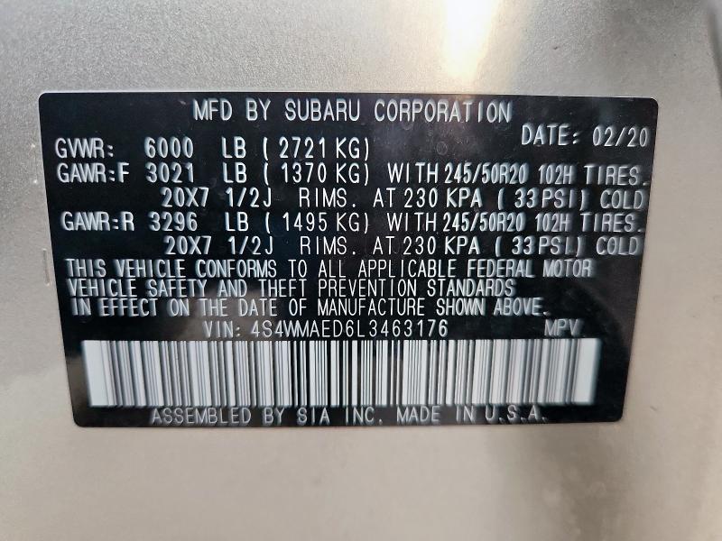 2020 SUBARU ASCENT PRE 4S4WMAED6L3463176