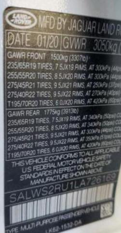 2020 LAND ROVER RANGE ROVE - SALWS2RU1LA726169