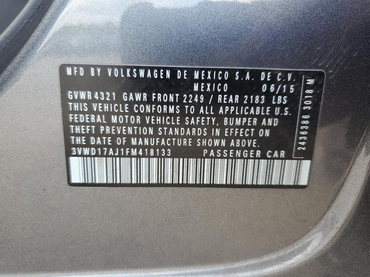 Lot #3303679931 2015 VOLKSWAGEN JETTA SE