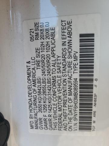 2021 HONDA PILOT ELIT 5FNYF6H03MB089594