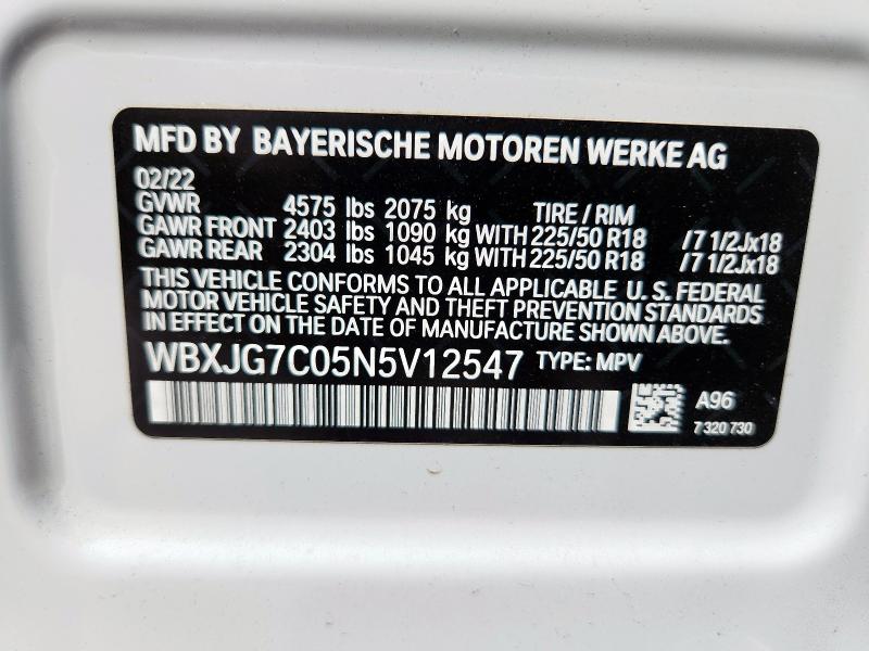 2022 BMW X1 SDRIVE2 WBXJG7C05N5V12547