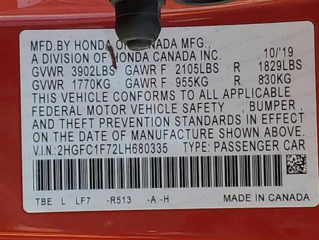 2020 HONDA CIVIC EXL - 2HGFC1F72LH680335