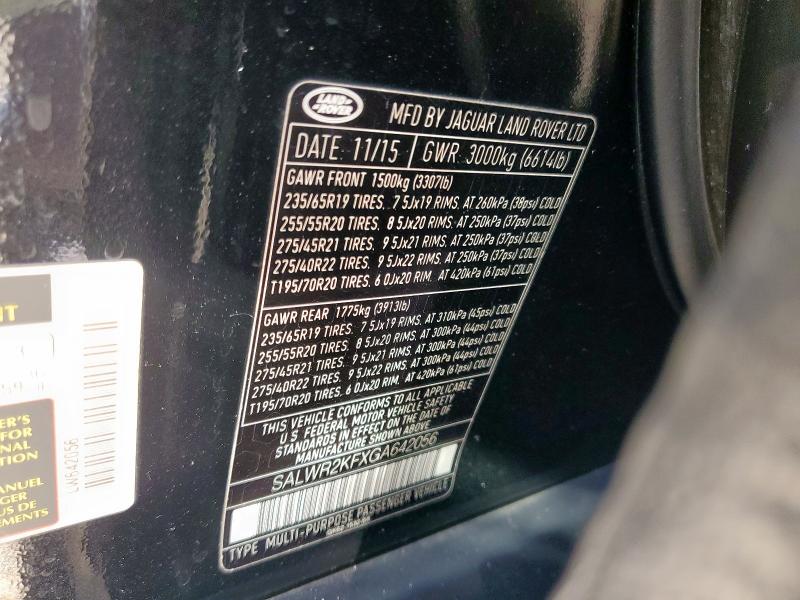 2016 LAND ROVER RANGE ROVE SALWR2KFXGA642056