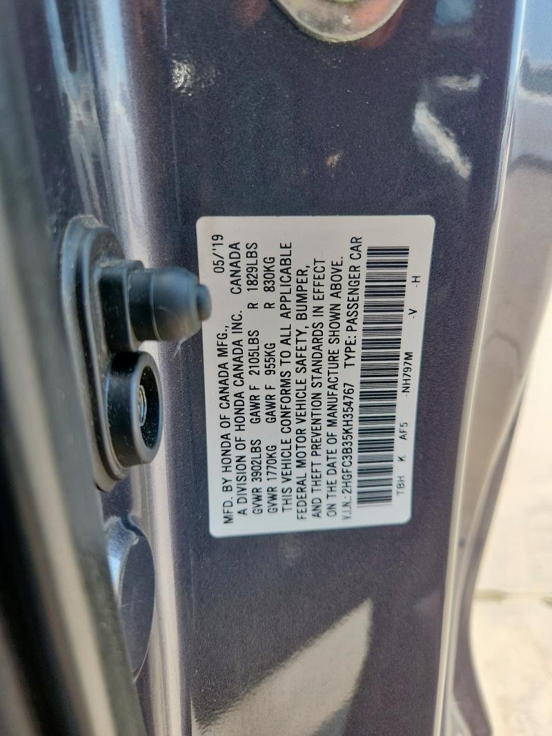 2019 HONDA CIVIC EX 2HGFC3B35KH354767