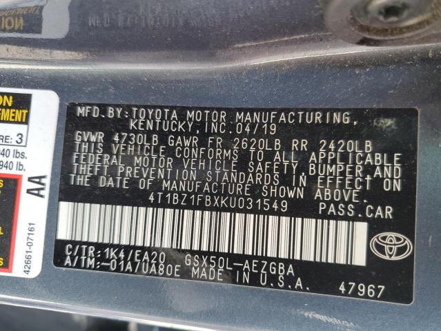 2019 TOYOTA AVALON XLE 4T1BZ1FBXKU031549