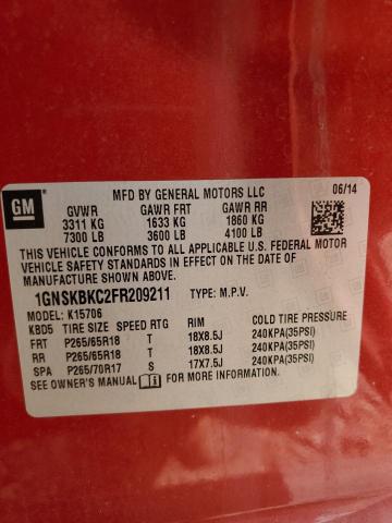 2015 CHEVROLET TAHOE K1500 LT 1GNSKBKC2FR209211