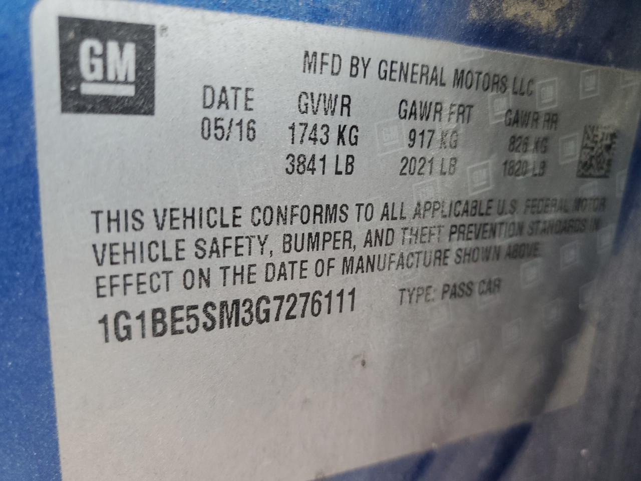 1G1BE5SM3G7276111 CHEVROLET CRUZE 2016