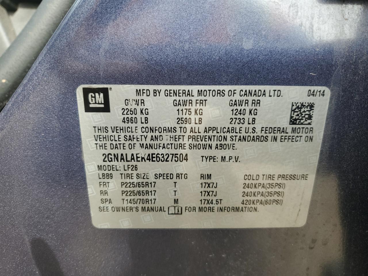 2GNALAEK4E6327504 2014 Chevrolet Equinox Ls