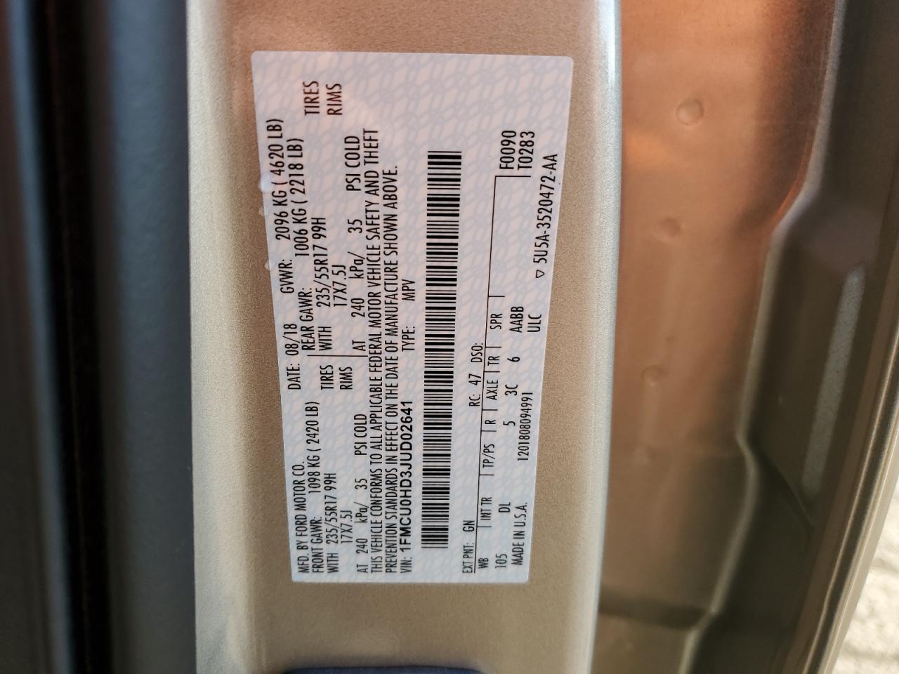 1FMCU0HD3JUD02641 FORD ESCAPE 2018