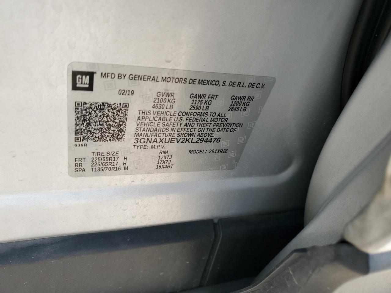 3GNAXUEV2KL294476 CHEVROLET EQUINOX 2019