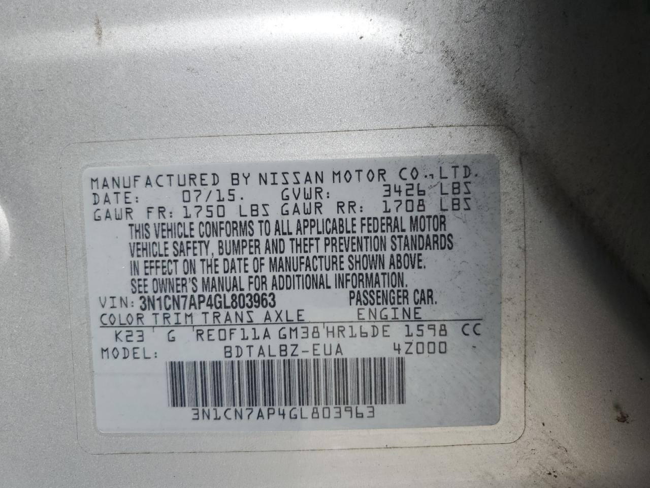 3N1CN7AP4GL803963 NISSAN VERSA 2016