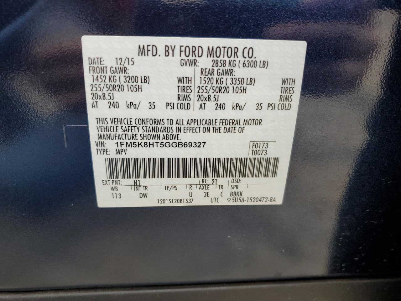 1FM5K8HT5GGB69327 FORD EXPLORER 2016