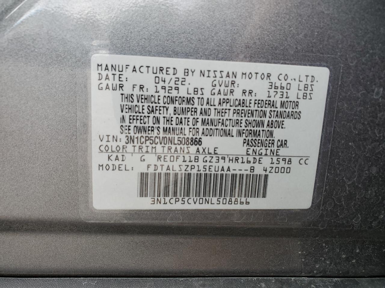 3N1CP5CV0NL508866 NISSAN KICKS 2022