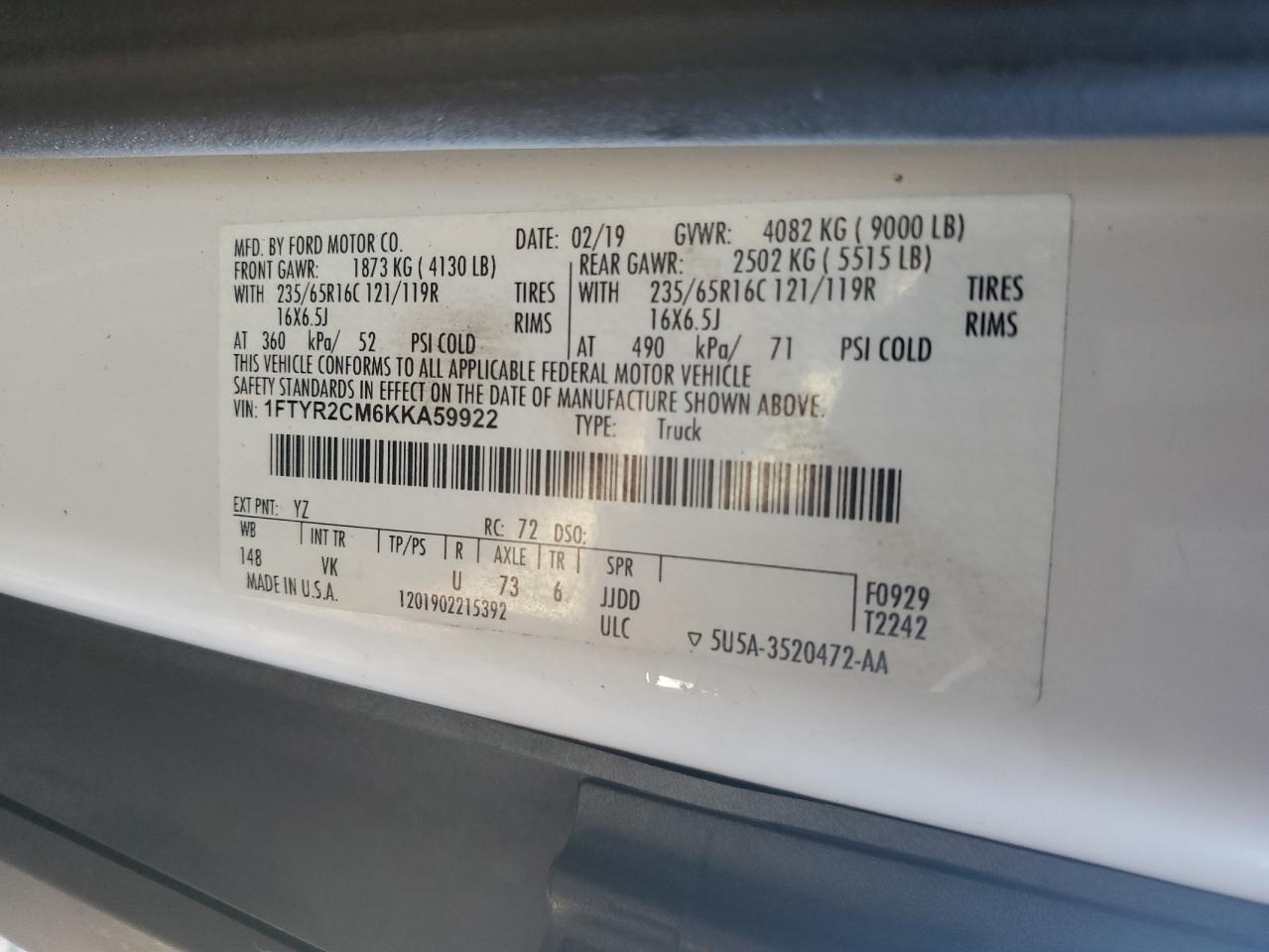 1FTYR2CM6KKA59922 FORD TRANSIT 2019