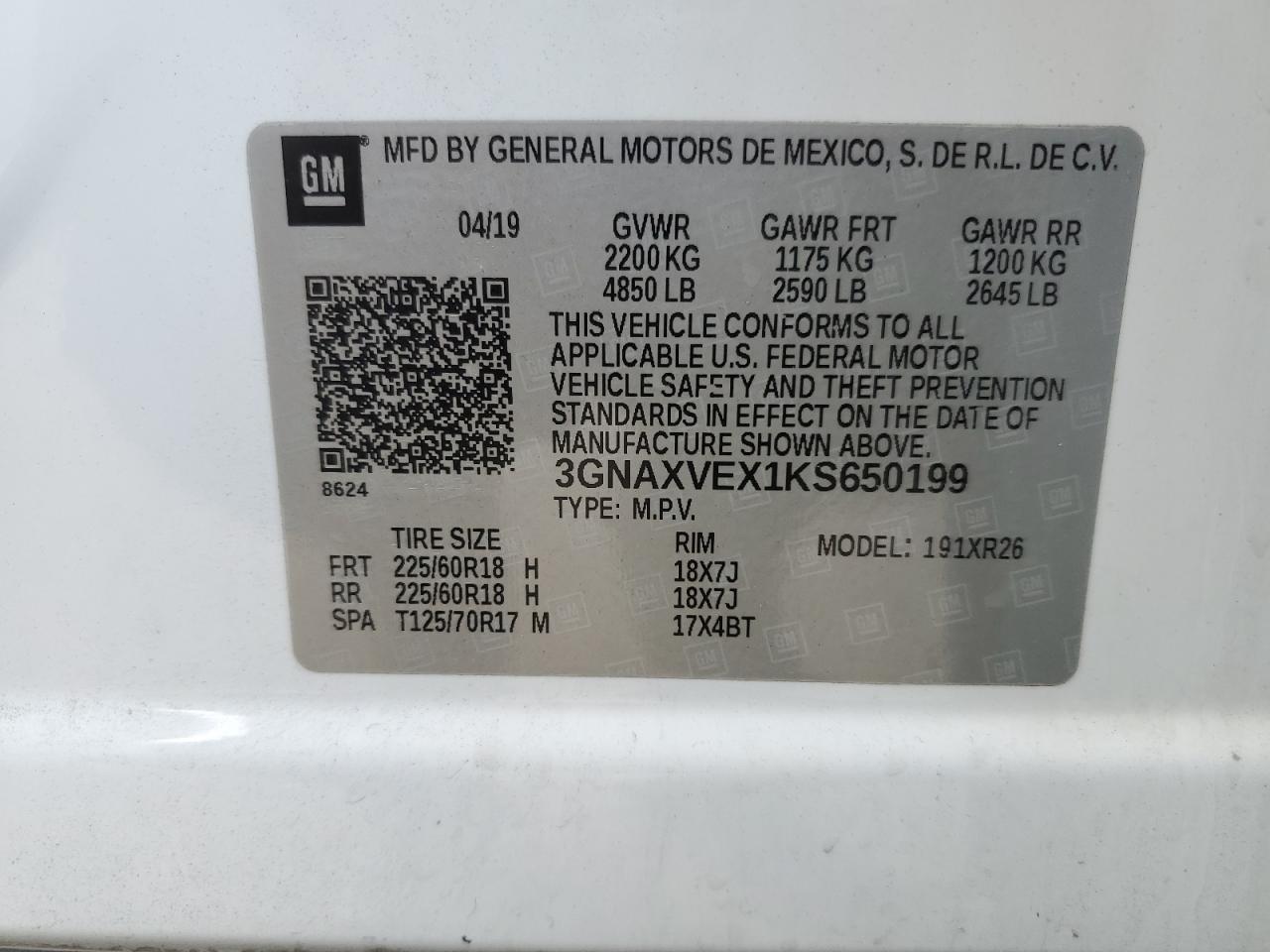 3GNAXVEX1KS650199 CHEVROLET EQUINOX 2019