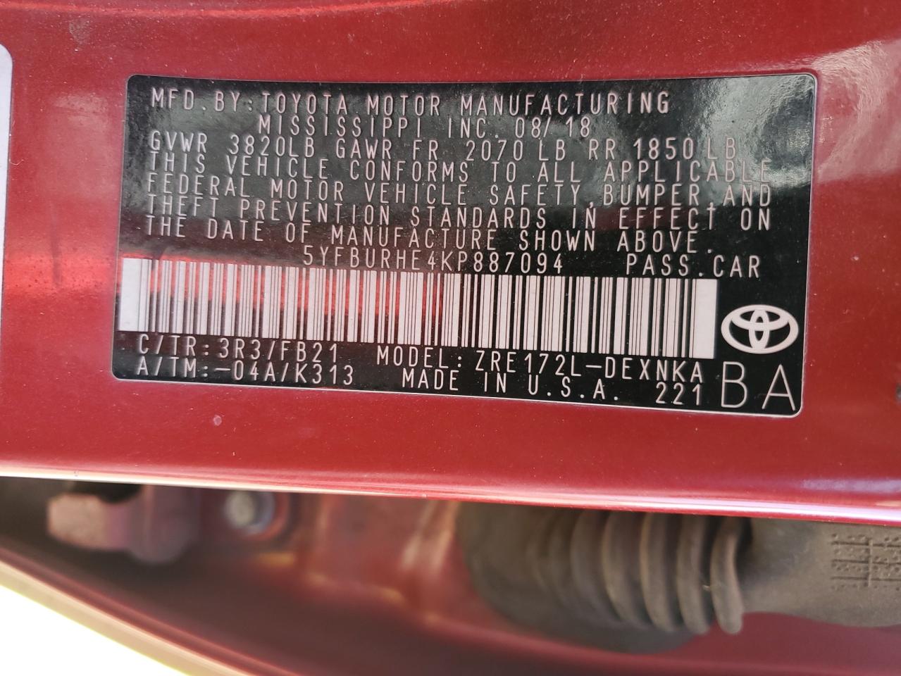 5YFBURHE4KP887094 TOYOTA COROLLA 2019