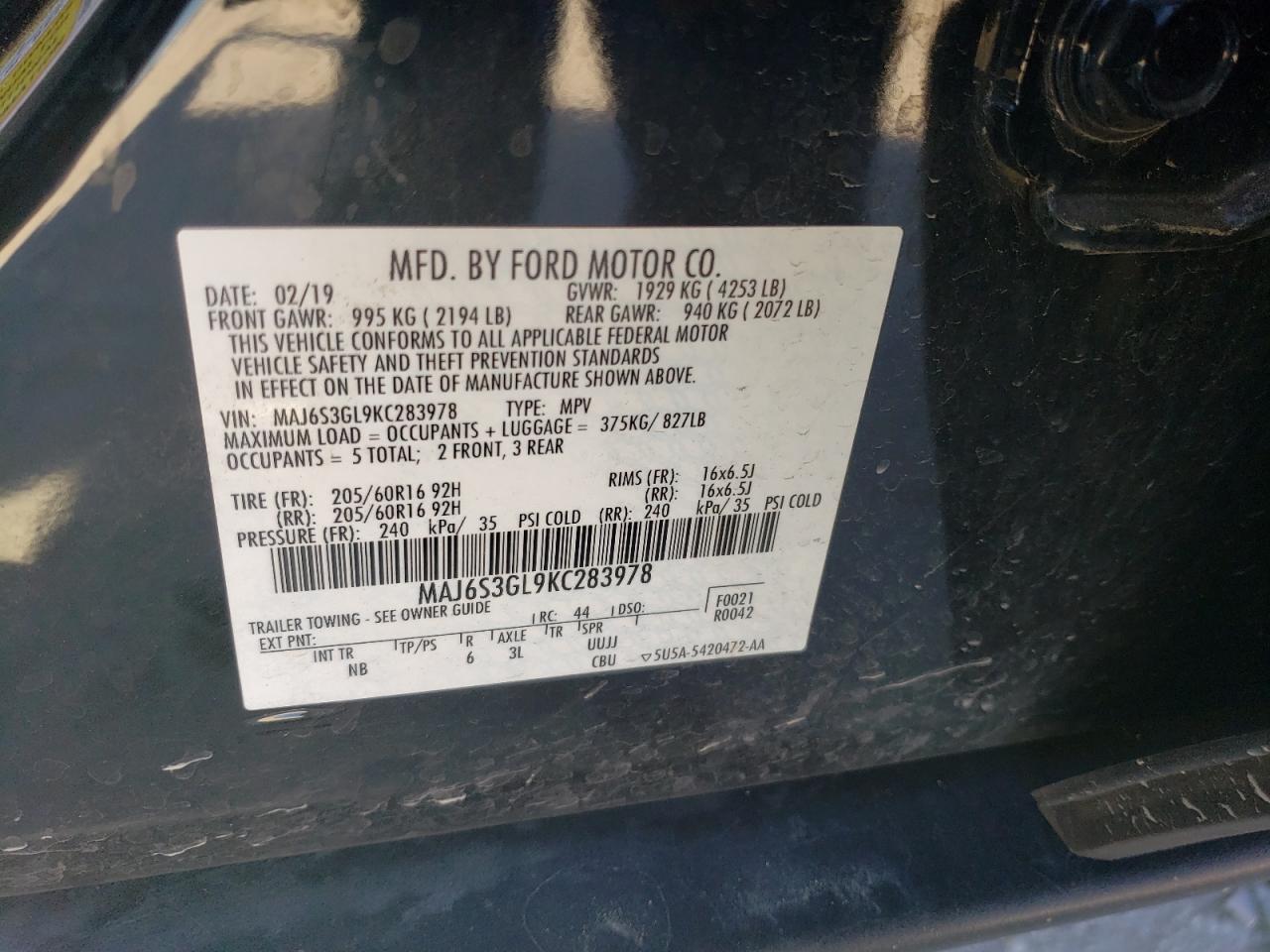 MAJ6S3GL9KC283978 FORD ECOSPORT 2019