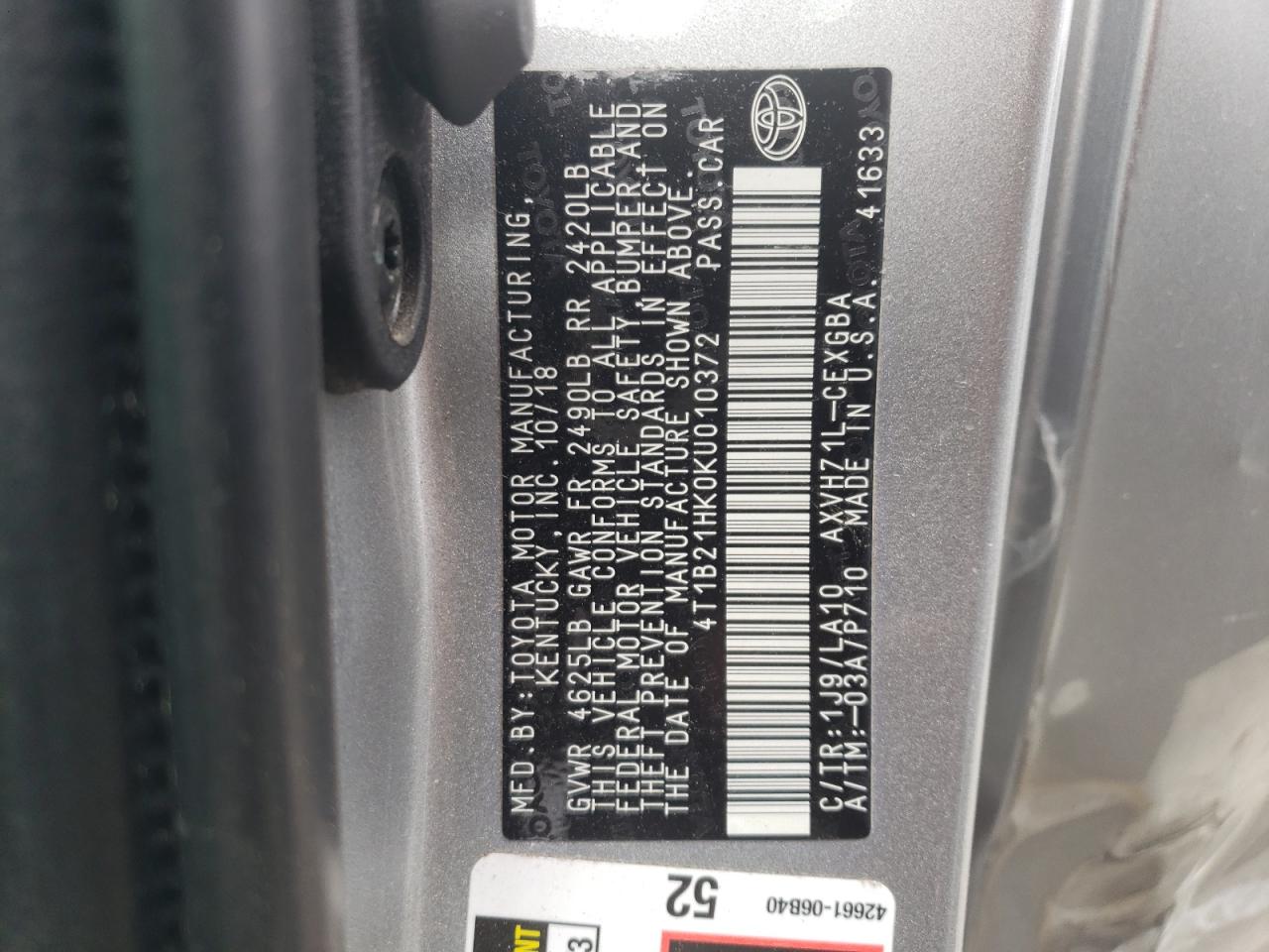 4T1B21HK0KU010372 TOYOTA CAMRY 2019