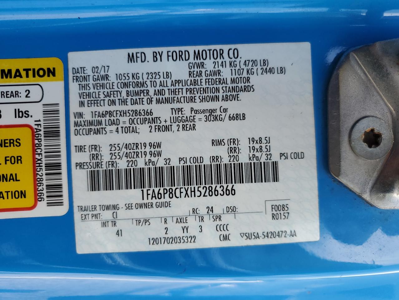 1FA6P8CFXH5286366 FORD MUSTANG 2017