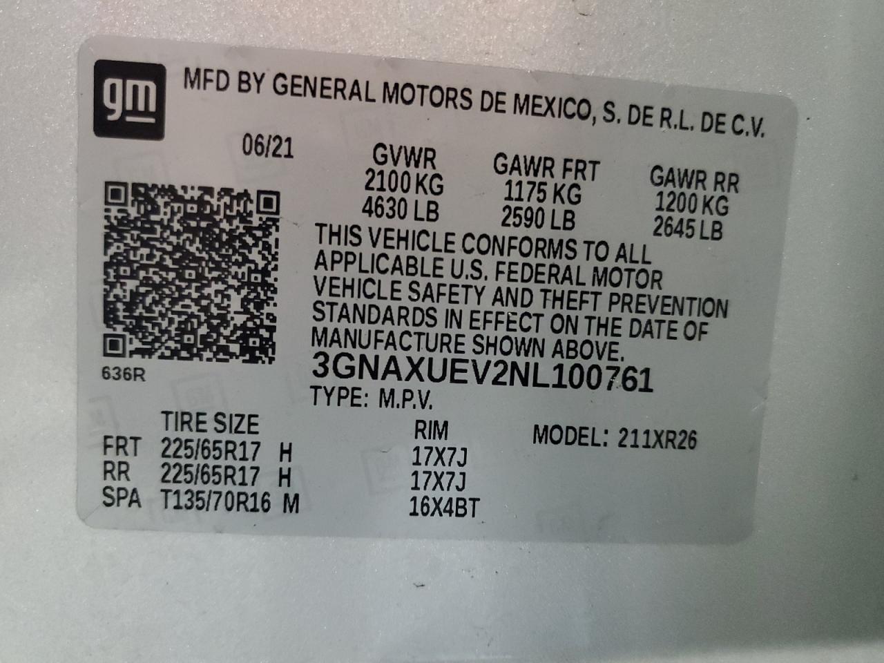 3GNAXUEV2NL100761 CHEVROLET EQUINOX 2022