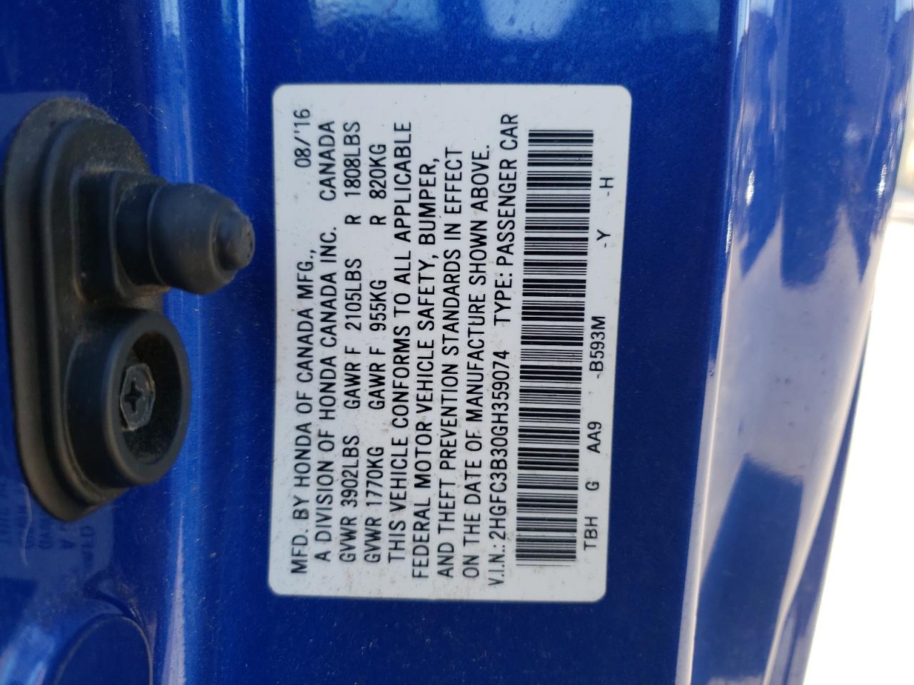 2HGFC3B30GH359074 HONDA CIVIC 2016