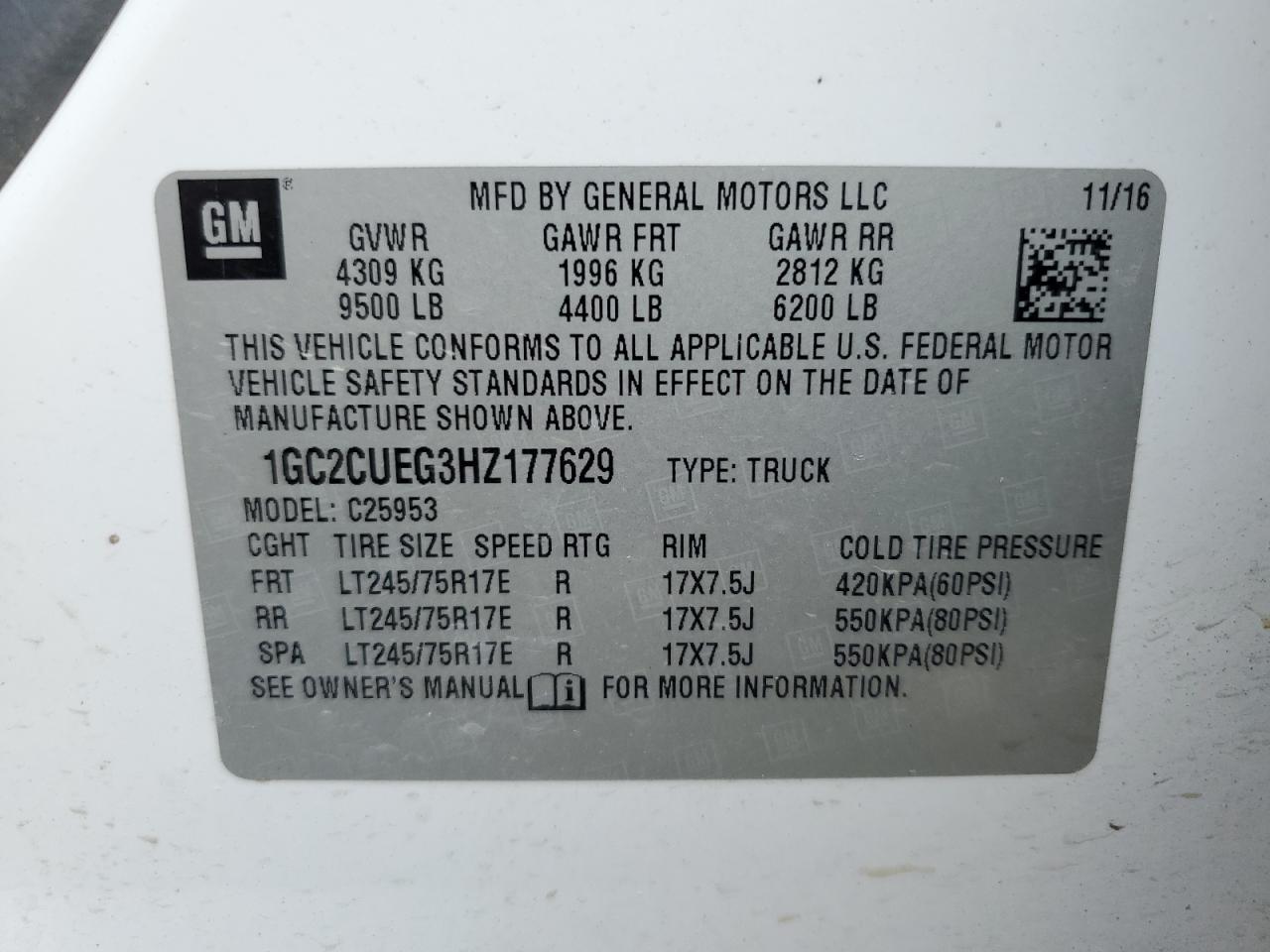 1GC2CUEG3HZ177629 CHEVROLET ALL Models 2017