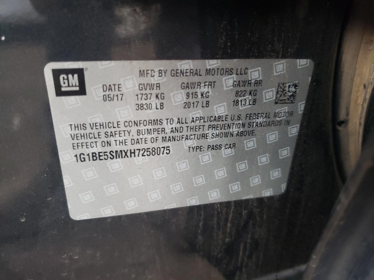 1G1BE5SMXH7258075 CHEVROLET CRUZE 2017