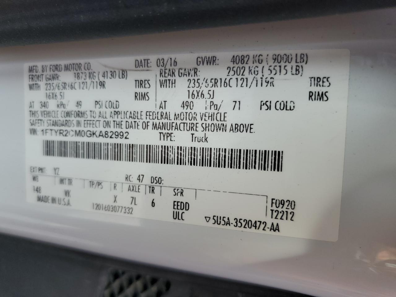 1FTYR2CM0GKA82992 FORD TRANSIT 2016