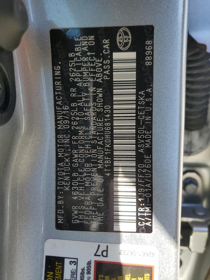 4T1BF1FK0HU681430 TOYOTA CAMRY 2017